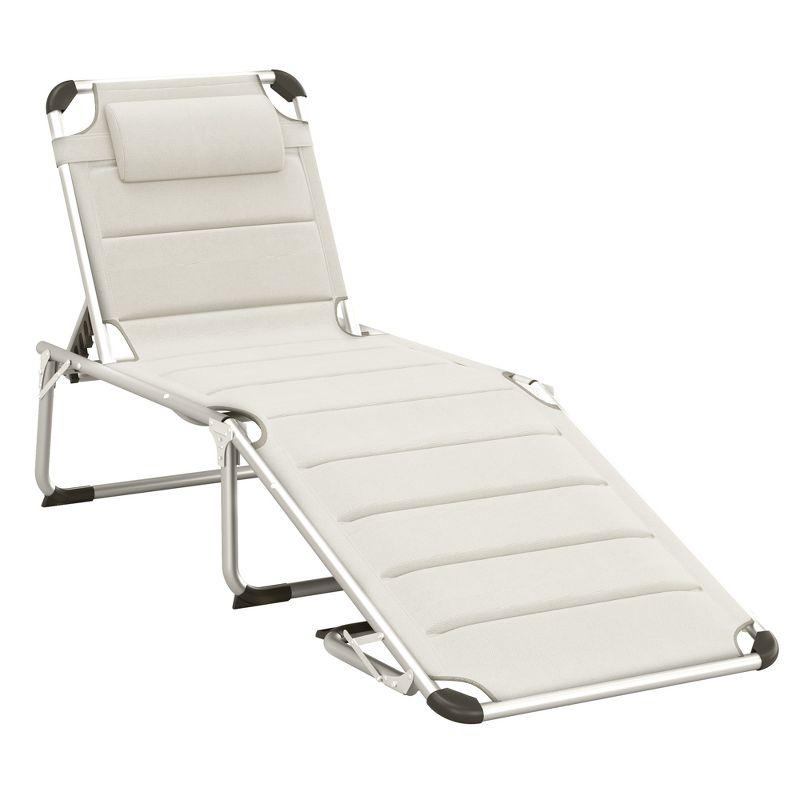 Outsunny Foldable Outdoor Chaise Lounge Chair, 5-Level Reclining Camping Tanning Chair with Aluminum Frame, Padding, and Headrest, White