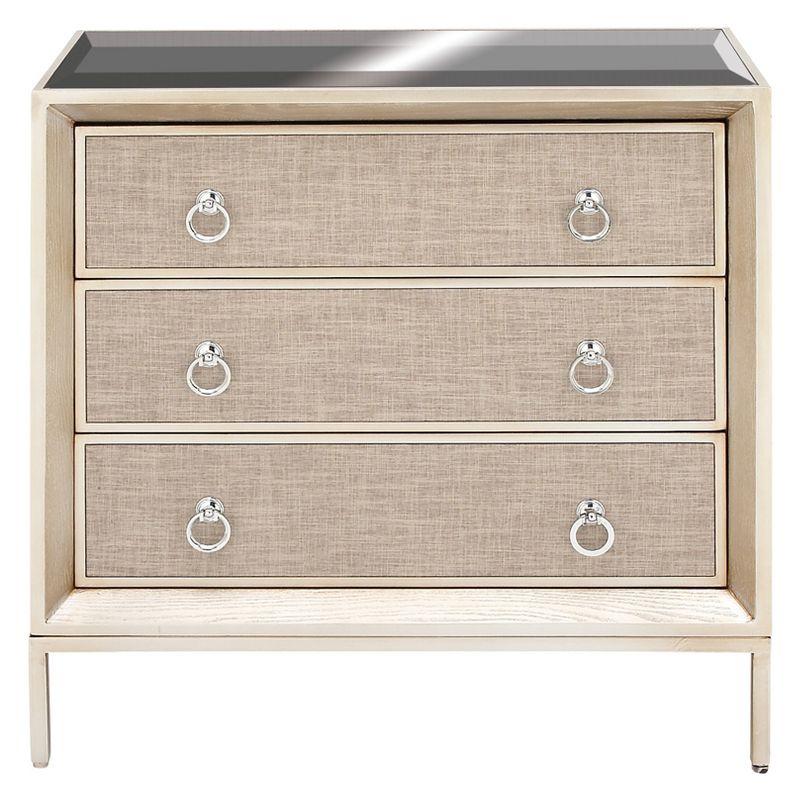 Imboden Wooden Upholstered Front Panel 3 Drawer Room Chest with Mirrored Top and Ring Handles