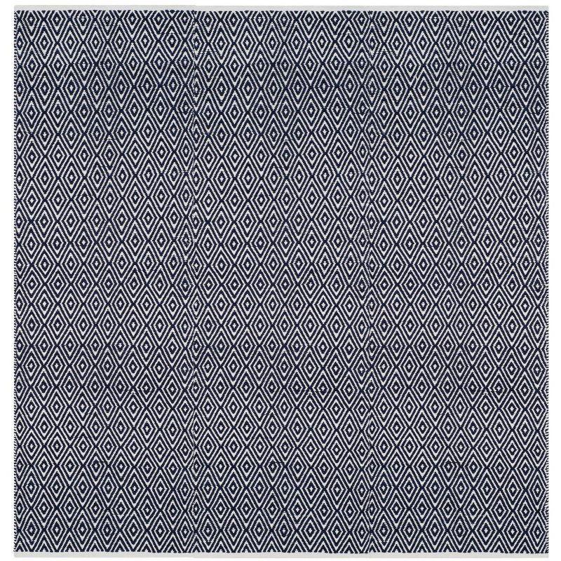 Navy Square Handwoven Cotton-Wool Blend Geometric Rug