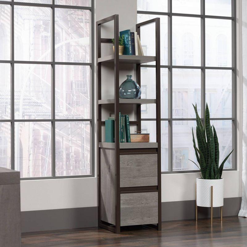 72" Mystic Oak Narrow Bookcase with Metal Frame and Drawers