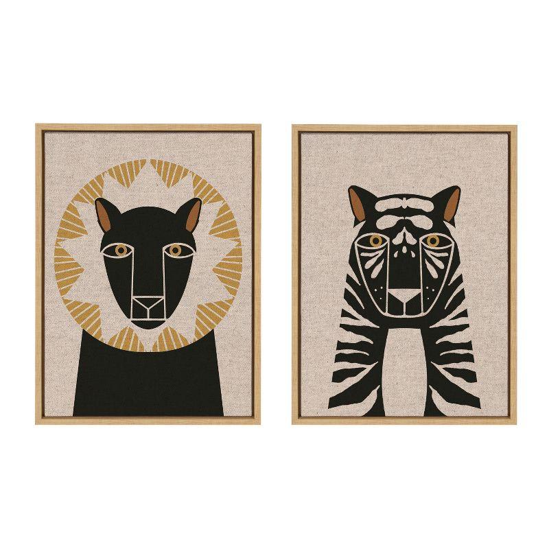 Kate and Laurel Sylvie Lion Profile Neutral Linen and Tiger Profile Neutral Linen Framed Canvas Art Set by Hannah Beisang