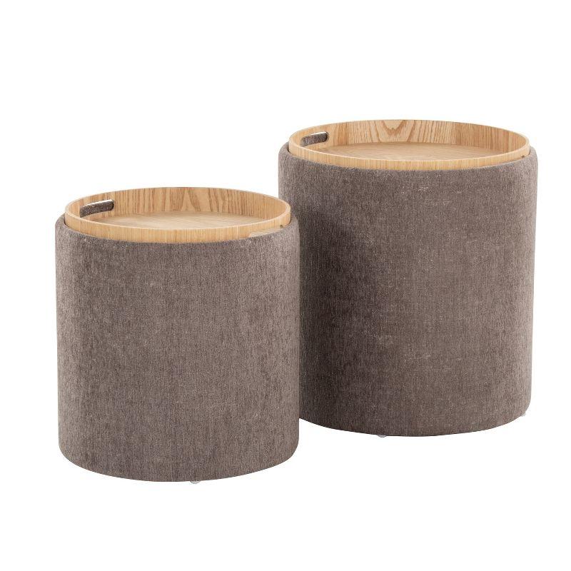 Set of 2 Tray Nesting Ottomans Polyester/Wood Gray/Natural - LumiSource: Space-Saving, No Assembly Required