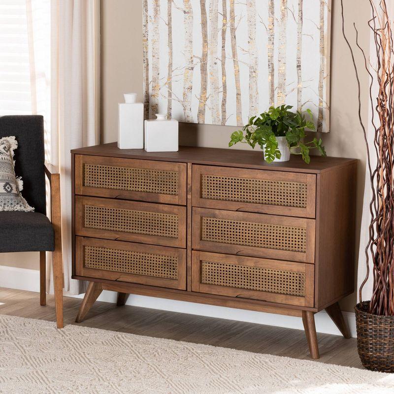 Walnut Brown Mid-Century Modern 6-Drawer Dresser with Rattan