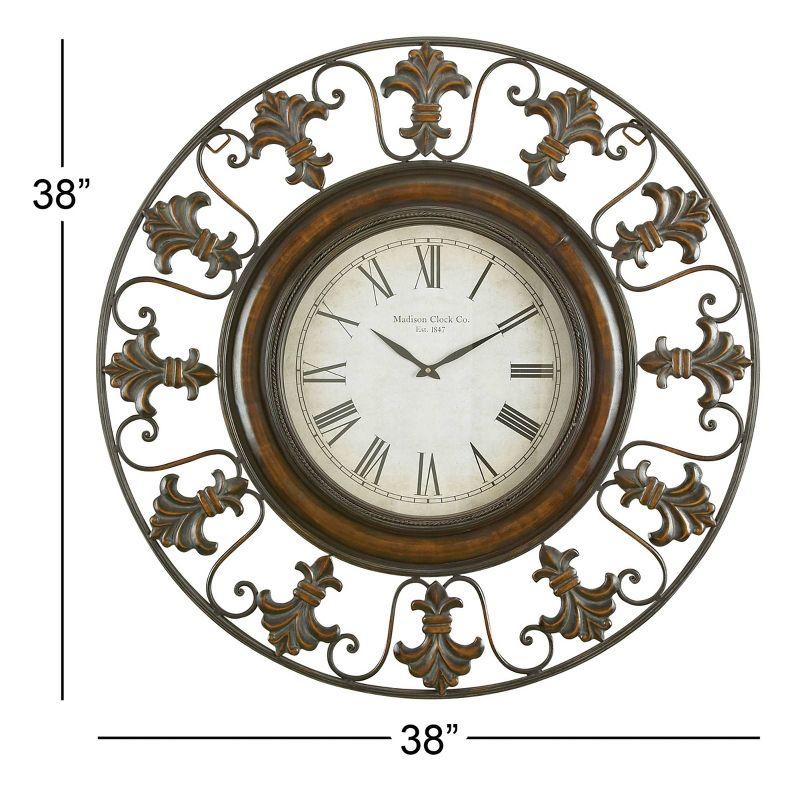 XL Brown Iron Fleur De Lis Roman Numeral Wall Clock