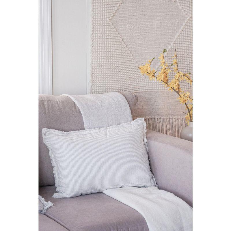 Grey Pinstripe Fringe So Soft Linen Pillow 14x20 Down Insert