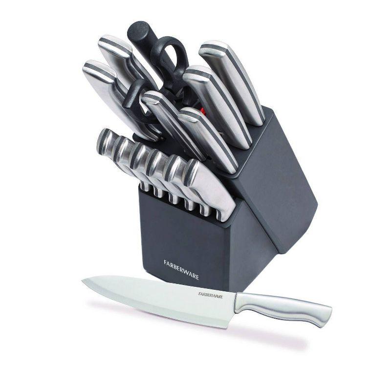 Farberware 15pc Stainless Steel Knife Block Set: Kitchen Knife Set with Block, Serrated Blades, Hand Wash, Silver