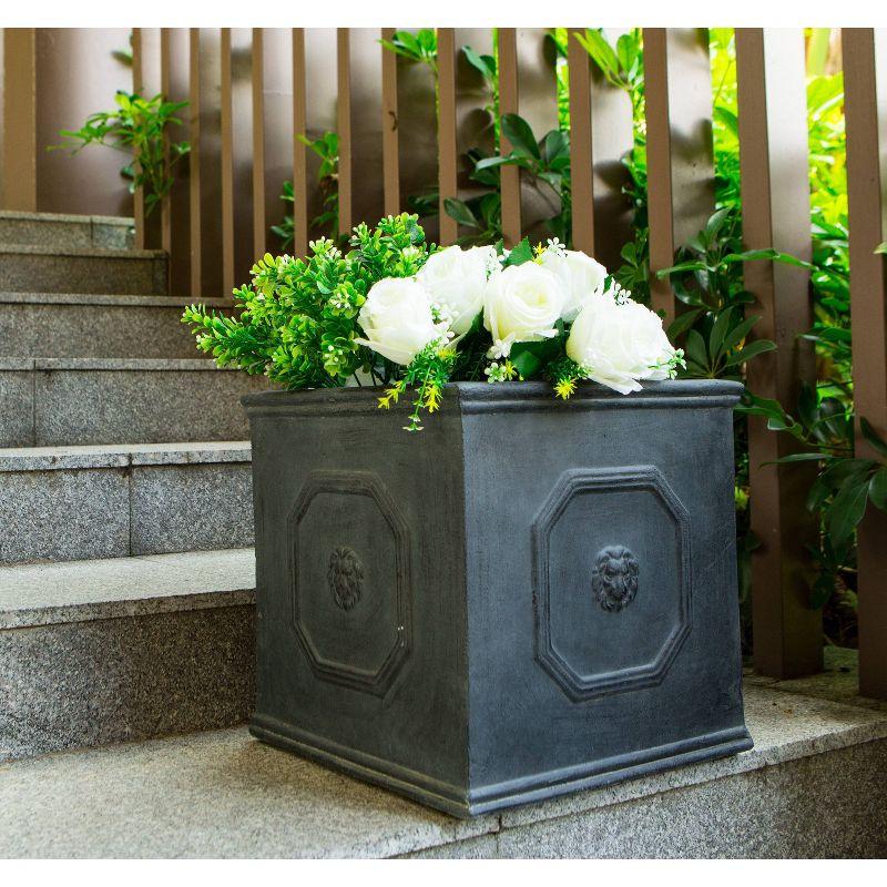 12.6" Kante Lightweight Classic Square English Style Lion Head Concrete Planter Antique Gray - Rosemead Home & Garden, Inc.