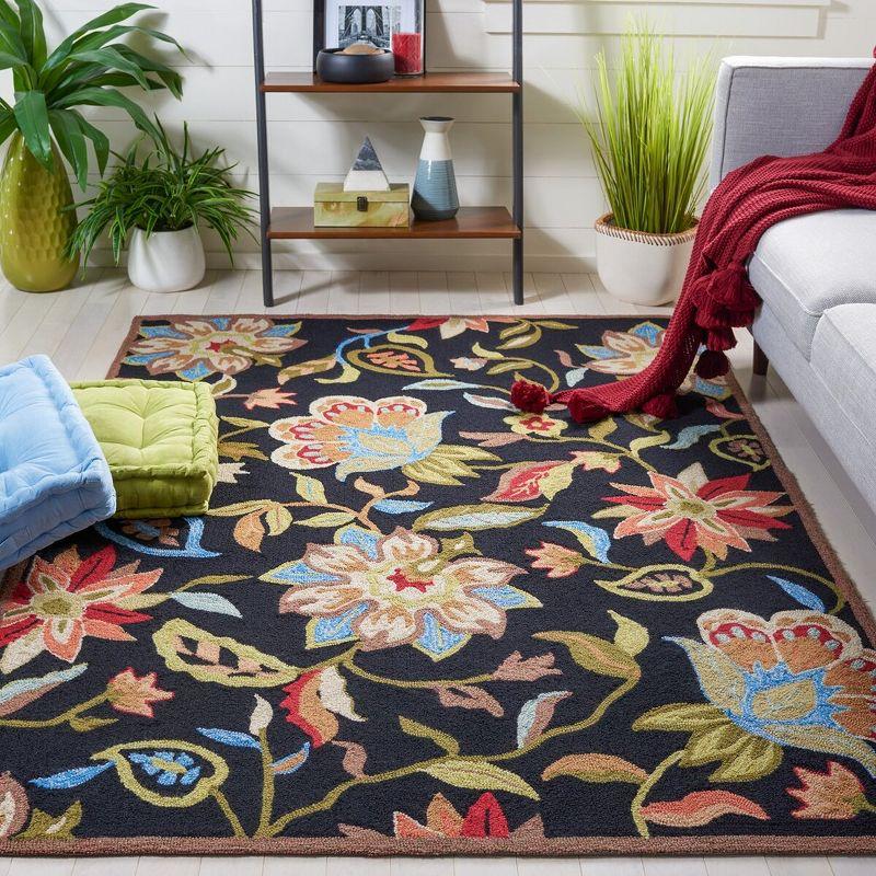 Handmade Black Floral Easy-Care Rectangular Area Rug