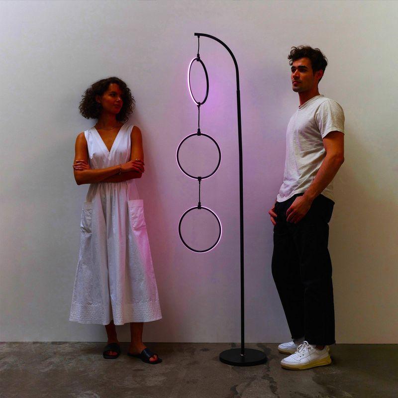 Brightech Nova 74 in. Novelty Industrial 3-Hanging Ring Light LED Standing Floor Lamp with Built-In Color Options