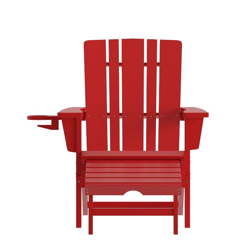 Flash Furniture Halifax HDPE Adirondack Chair with Cup Holder and Pull Out Ottoman, All-Weather HDPE Indoor/Outdoor Lounge Chair in Red