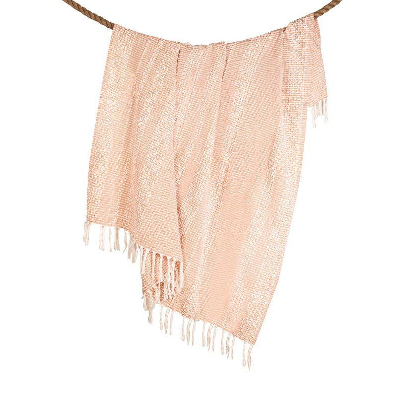 Blush and White Cotton Knotted Fringe Throw Blanket, 50x60