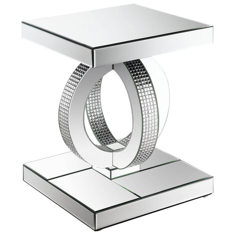 Silver Mirrored Glass Square End Table with Rings Base