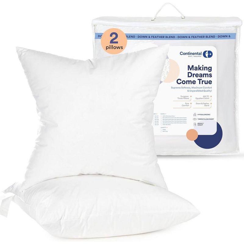 ContinentalBedding Square White Throw Pillow Insert 2 Pack - 100% Cotton Cover, Microfiber Down Alternative Fill, Multiple Sizes (Set of 2)