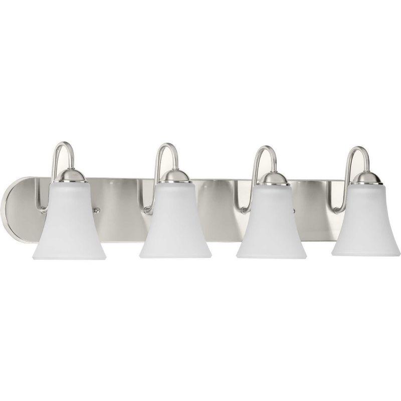 Progress Lighting Classic 4-Light Bath Vanity in Brushed Nickel with Bell-Shaped Etched Glass Shades