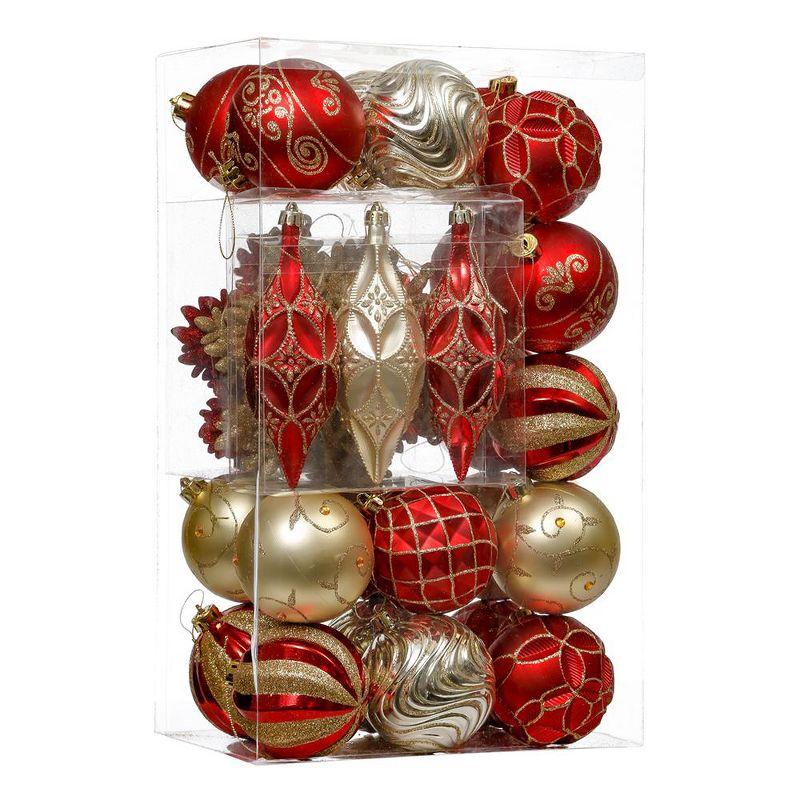 40-Piece Red and Gold Glitter Shatterproof Christmas Ornament Set