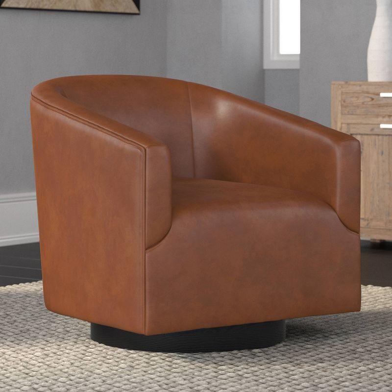 Gaven Black Faux Leather Swivel Barrel Chair with Wood Base