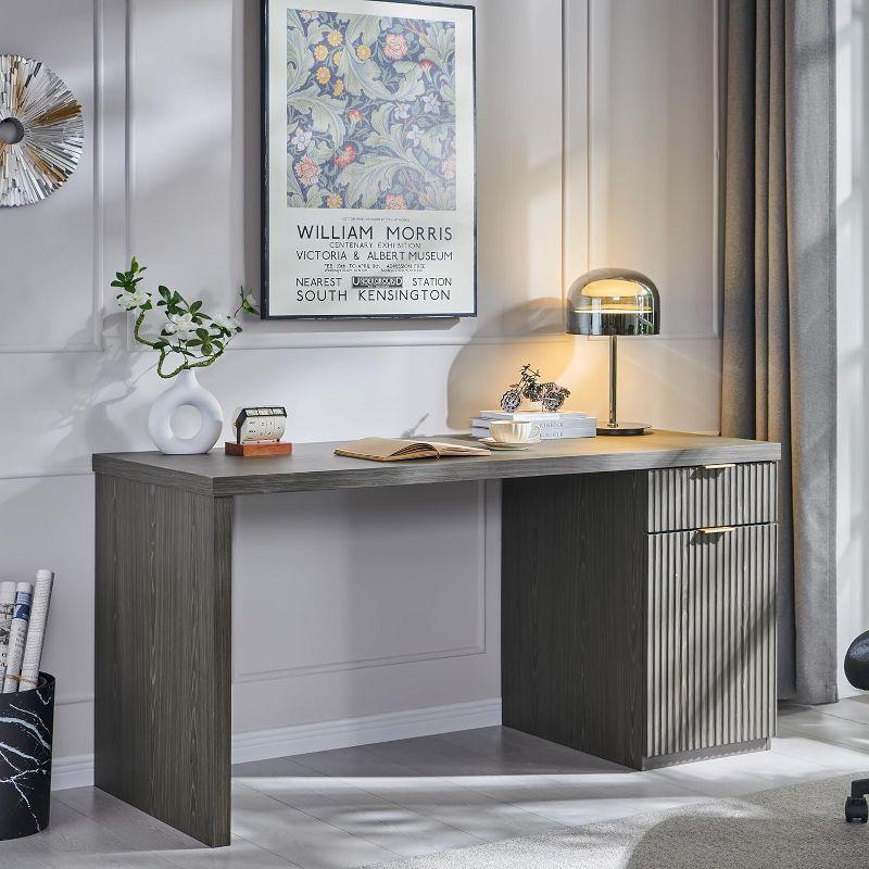 60" Modern Desk with Drawer & Cabinet, Fluted Computer Writing Desk for Living Room, Bedroom, Gray