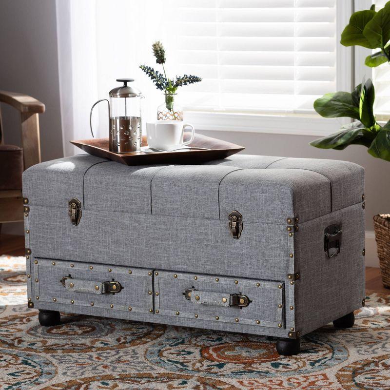 Flynn Fabric Upholstered 2 Drawer Storage Trunk Ottoman Gray/Black - Baxton Studio