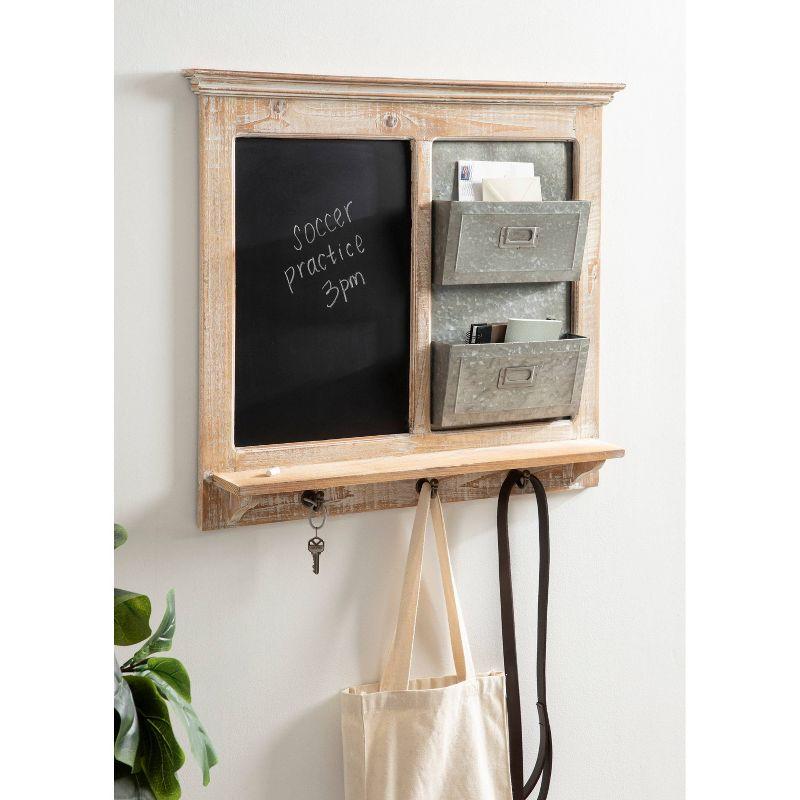 Distressed White Wood Wall Organizer with Chalkboard and Hooks