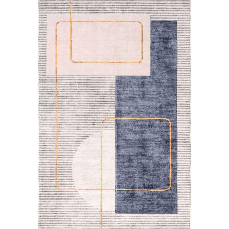 Modern Abstract Blue and Beige Washable Area Rug