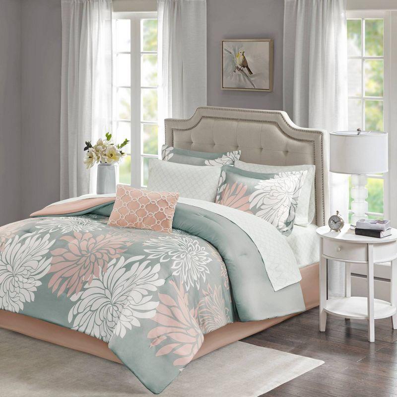 Blush and Grey Twin Reversible Floral Comforter Set