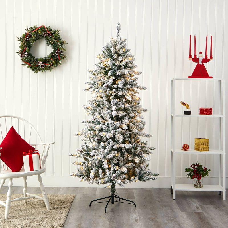 6ft Nearly Natural Pre-Lit LED Flocked Livingston Fir with Pinecones Artificial Christmas Tree Clear Lights: Indoor Holiday Decor