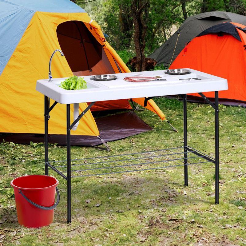 Outsunny Portable Folding Camping Table with Sink, Faucet, Dual Stainless Steel Basins, and Accessories for Fish Cleaning, 50"