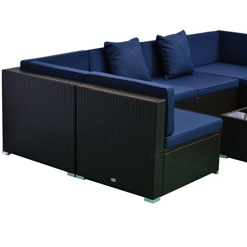 Outsunny 7 Piece Outdoor Patio Furniture Set, PE Rattan Wicker Sectional Sofa Set with Couch Cushions, Pillows, Coffee Table, Blue