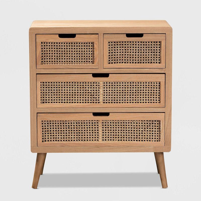 Alina Wood and Rattan 4 Drawer Accent Chest Oak - Baxton Studio: Small Profile, Bohemian Vibe, Ample Storage