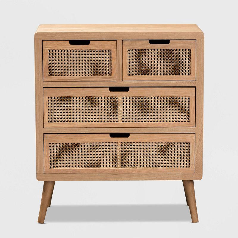 Alina Wood and Rattan 4 Drawer Accent Chest Oak - Baxton Studio