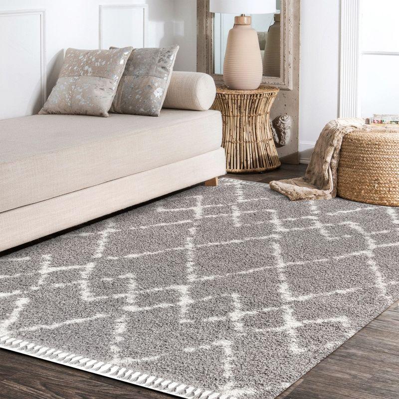 3'x5' Mercer Shag Plush Tassel Moroccan Geometric Trellis Area Rug, Grey/Cream - JONATHAN Y