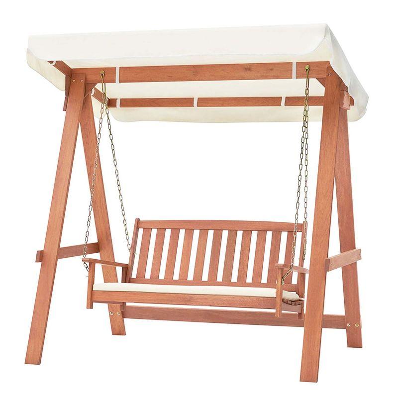 Costway Wood Porch Swing with Canopy Outdoor Patio 2-Seat Swing Bench with Cushions Backyard