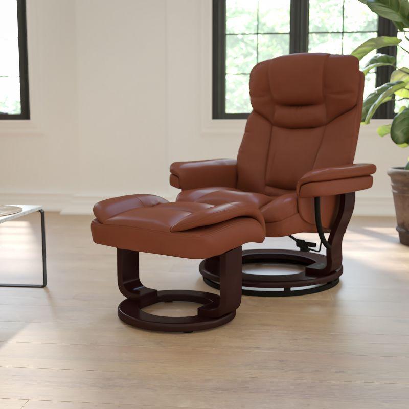 Brown Leather Swivel Recliner with Ottoman and Wood Base