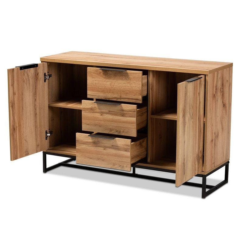 Baxton Studio Reid Wood & Metal 3 Drawer Sideboard Buffet Oak/Black : Farmhouse Style, Fixed Shelves, Storage Cabinet