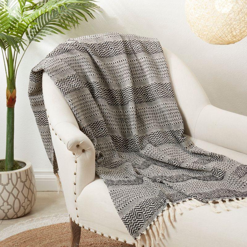 Black Cotton Stripe Diamond-Patterned Fringed Throw, 50"x60"