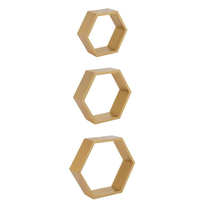 Gold Hexagon Floating Wood Wall Shelf Set