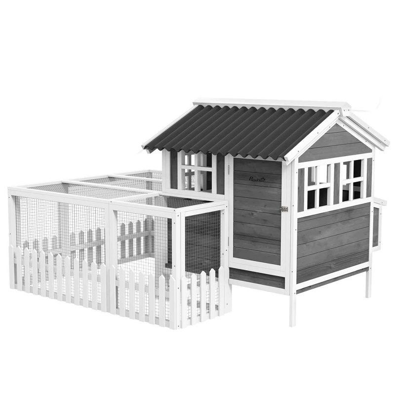 PawHut Wooden Chicken Coop with Run for 3 - 4 Chickens, Hen House with Nesting Box, Removable Tray, Fence, Outdoor Poultry Cage, 68" x 59" x 42", Gray