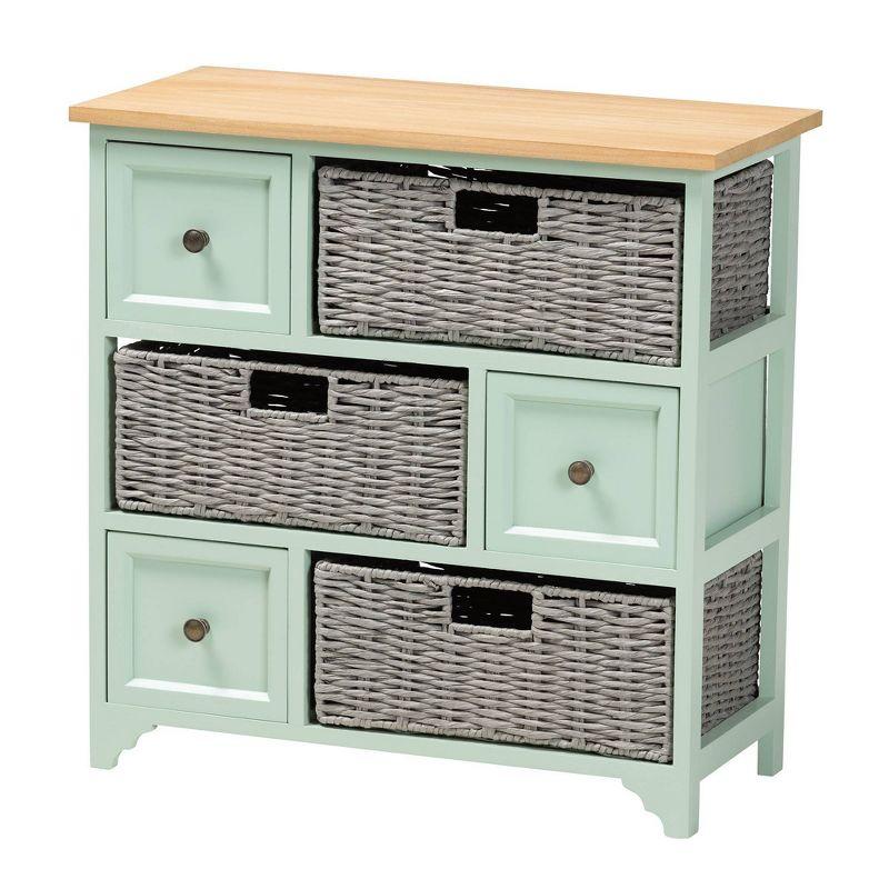 Valtina Two-Tone Wood 3 Drawer Storage Unit with Baskets Oak Brown/Gray/Mint Green - Baxton Studio