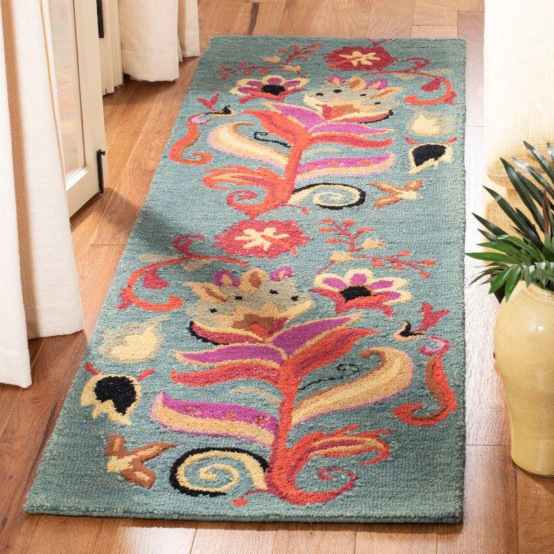 Handmade Blue Floral Wool Tufted Reversible Rug 27" x 8"