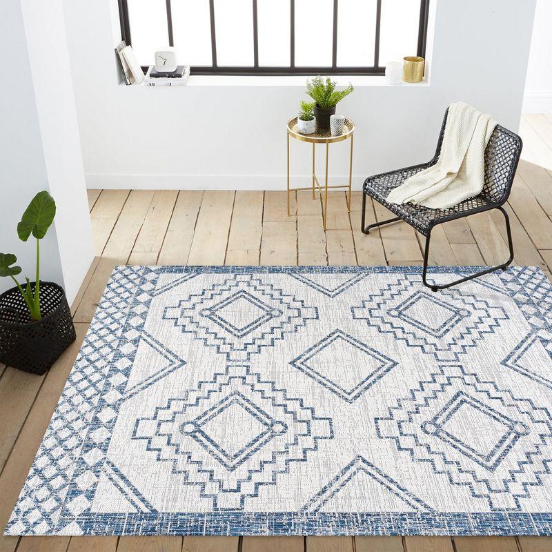 3'x5' Marokko Diamond  Medallion Indoor/Outdoor Area Rug, Ivory/Blue - JONATHAN Y