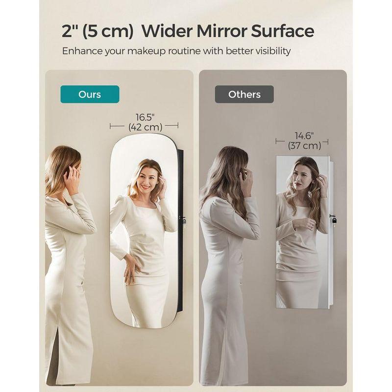 SONGMICS Jewelry Organizer, LED Jewelry Cabinet Wall or Door Mounted, Lockable Rounded Wide Mirror with Storage,Black Surface with Greige Lining