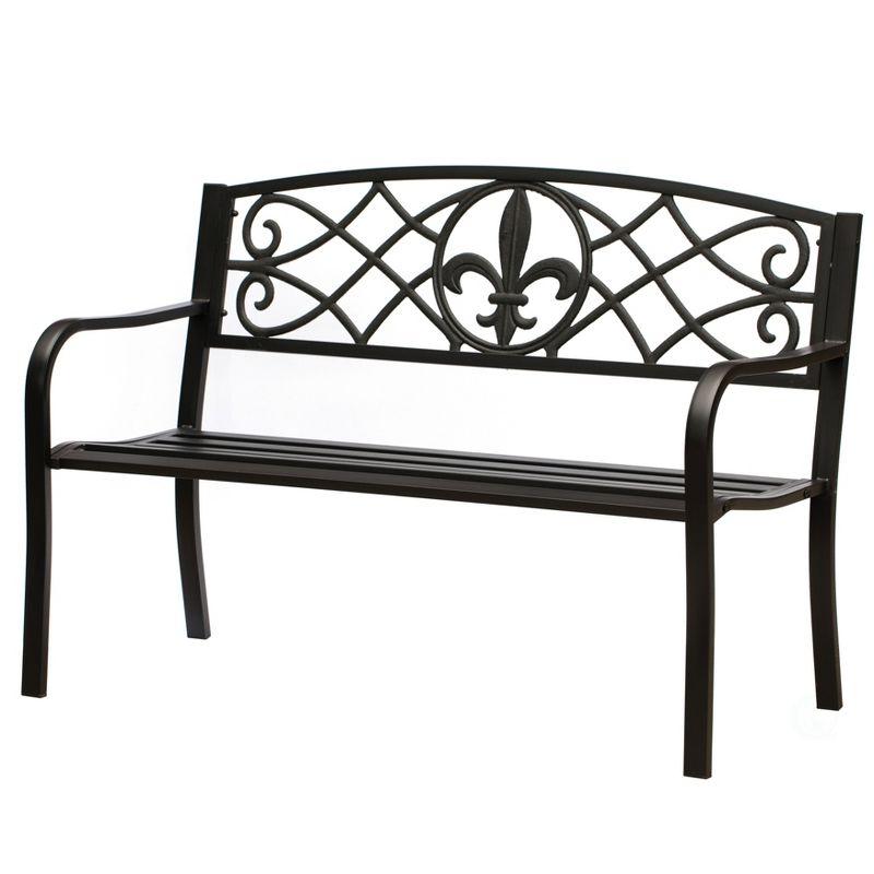 Outdoor Garden Patio Steel Park Bench Lawn Decor with Cast Iron Unique Design Back, Black Seating Bench for Yard, Patio, Garden, Balcony, and Deck