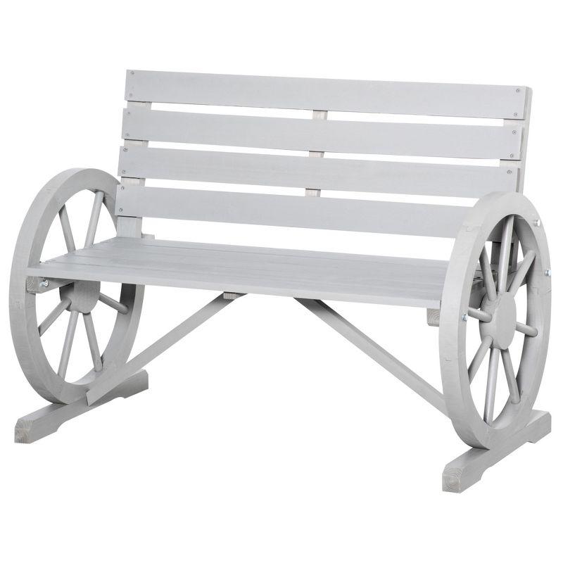 Outsunny Wooden Wagon Wheel Bench Rustic Outdoor Patio Furniture, 2-Person Seat Bench with Backrest Charcoal Gray