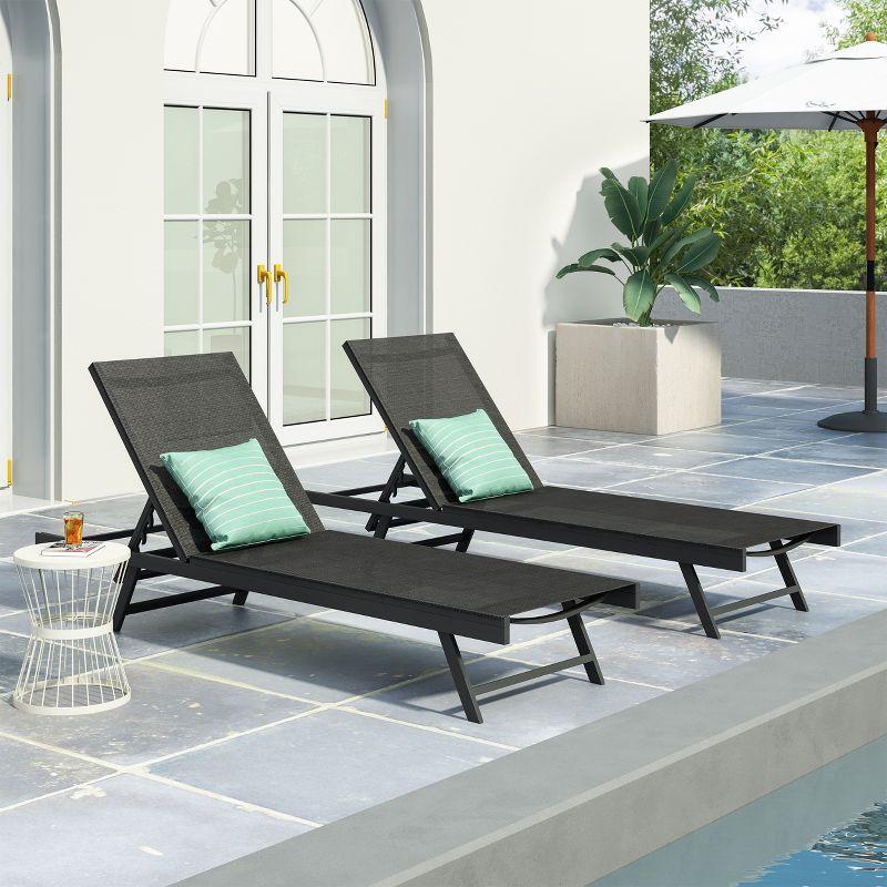 Black and Dark Gray Aluminum Mesh Armless Chaise Lounge Set