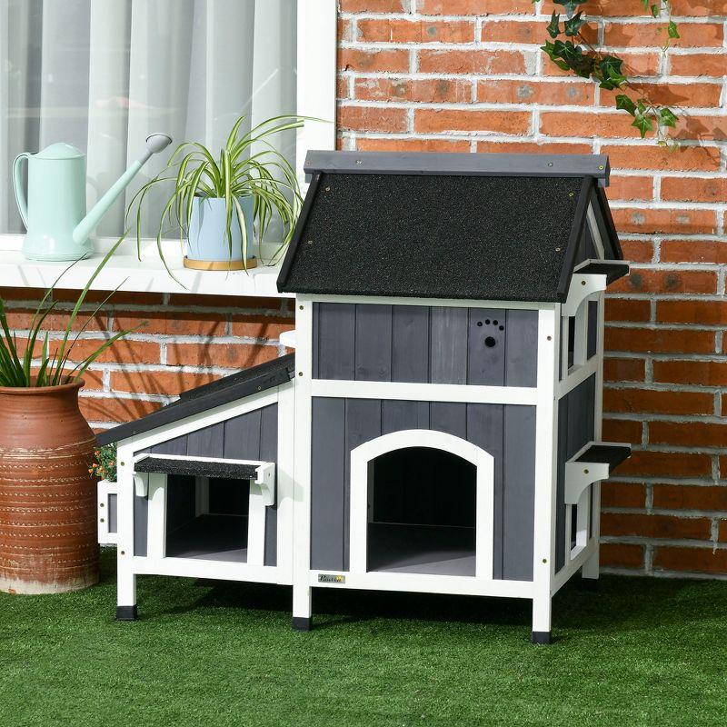 PawHut Outdoor Cat House with Weather-resistant Roof & Garden Bed, Outdoor Cat Shelter Enclosure with Multiple Entrances, Cat Furniture Hideout, Gray