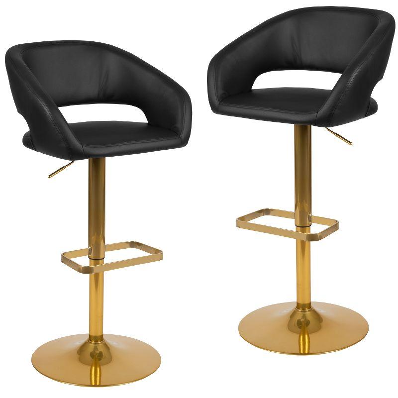 Black Vinyl Adjustable Height Barstool with Gold Base, Set of 2