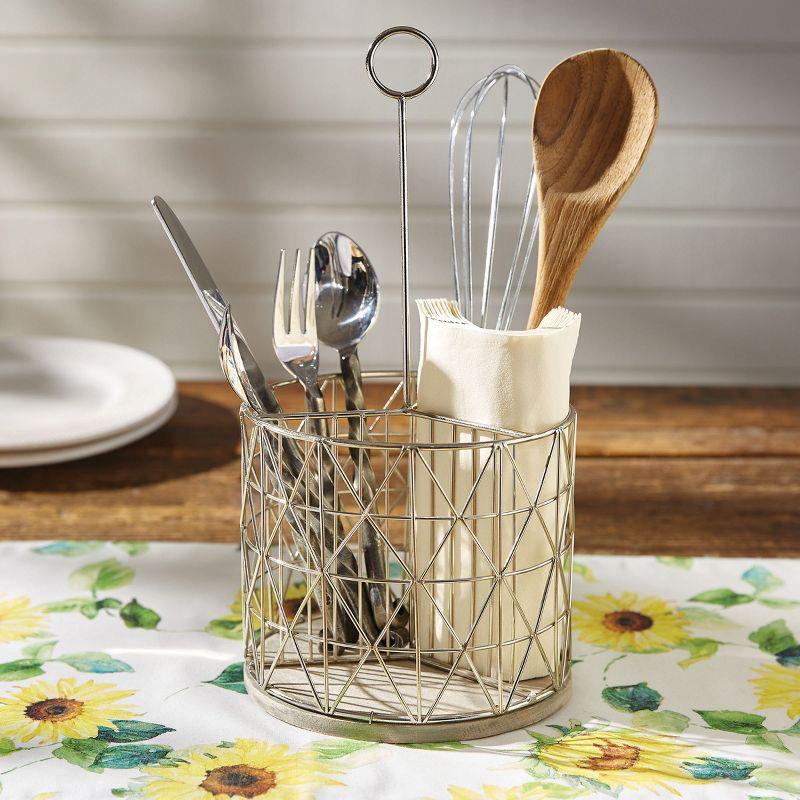 Silver Metal and Wood Portable Utensil Caddy