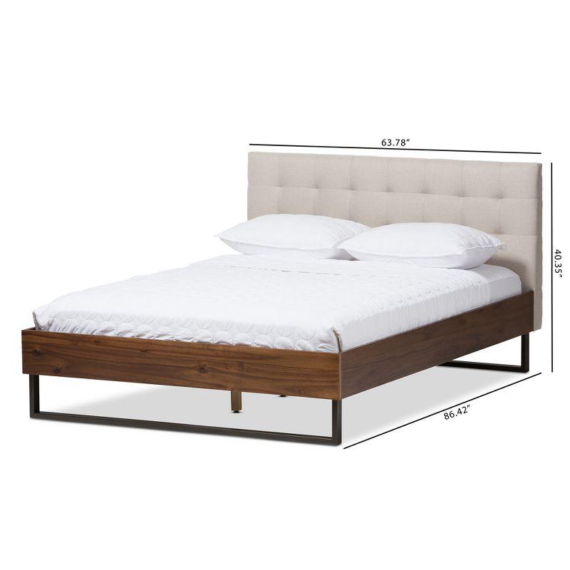 Mitchell Rustic Industrial Walnut Wood and Fabric Metal Platform Bed - Baxton Studio