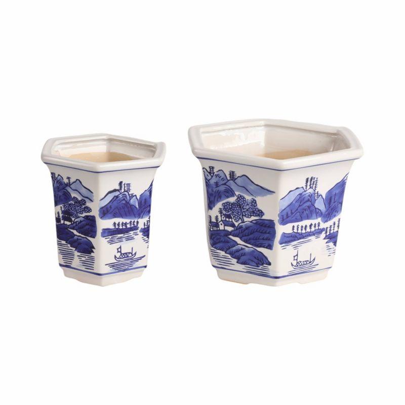 Sagebrook Home 2pc Chinoiserie Ceramic Indoor Outdoor Planter Pot Blue/White