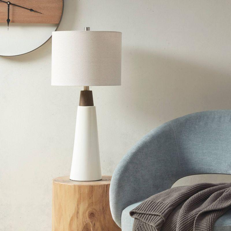 White Ceramic and Wood Table Lamp with Drum Shade